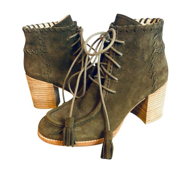 Stuart Weitzman Wallawalla Suede Block Heel Booties Olive Green 7M - Picture 2 of 9